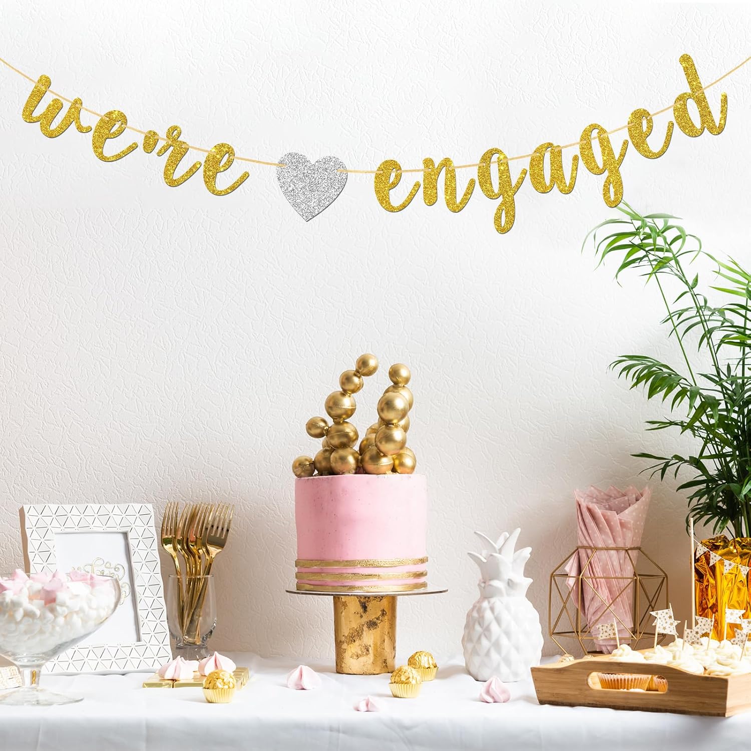 Were Engaged Banner Gold Glitter Engagement Party Decor