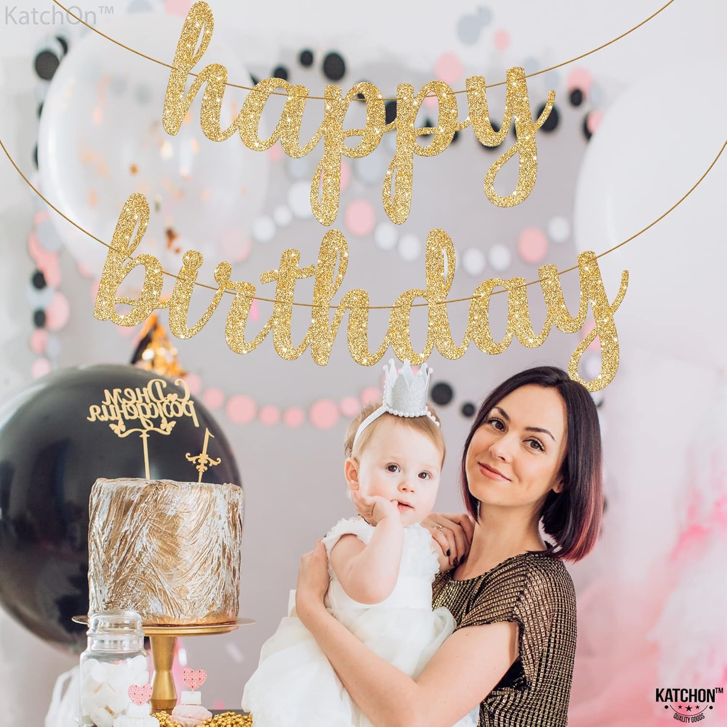 KatchOn Gold Happy Birthday Banner 10 Feet Pre-Strung