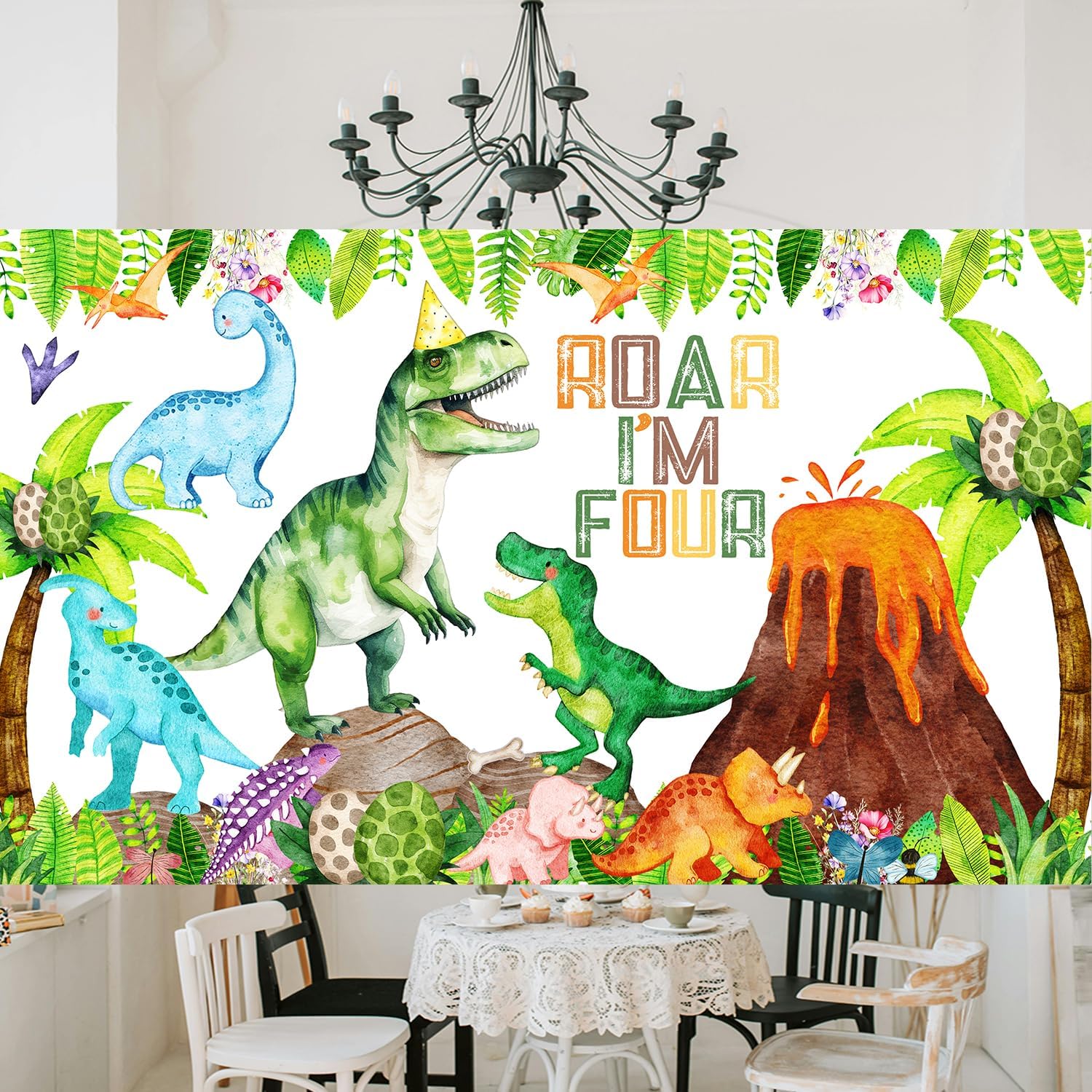 Dinosaur 4th Birthday Decorations Banner Backdrop