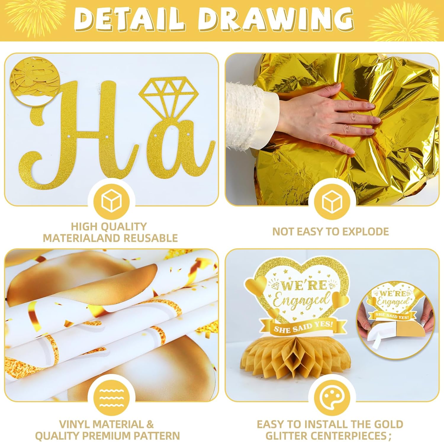 Gold Engagement Party Decorations Set with Balloons and Swirls