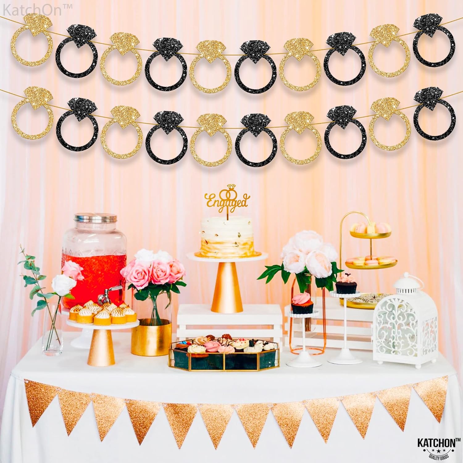 KatchOn Black and Gold Engagement Ring Banner - 10 Feet Pre-Strung