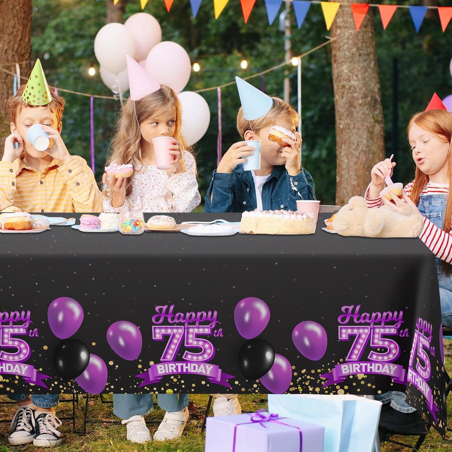 75th Birthday Tablecloth Purple Black Rectangle 53x104 Inches