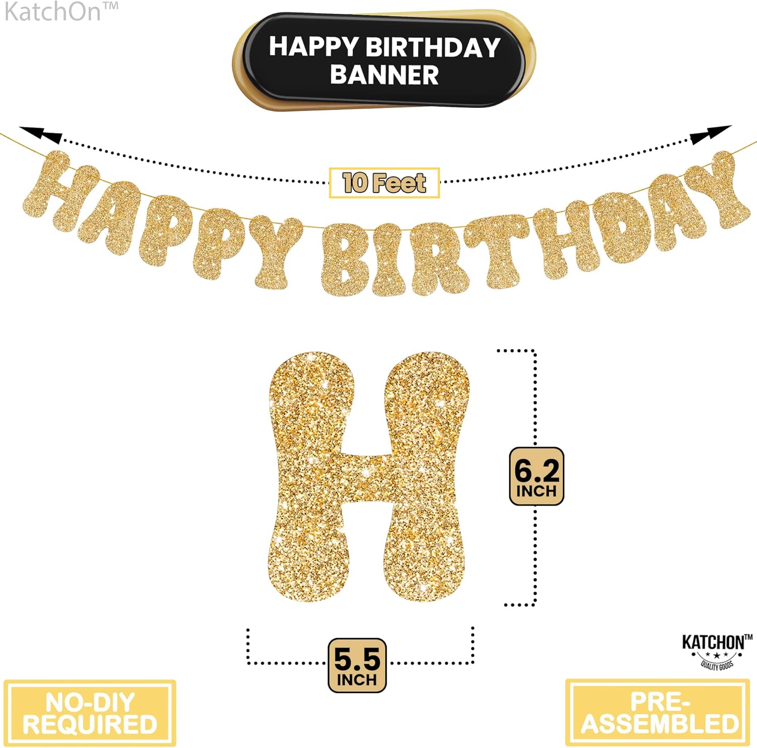 Glitter Gold Happy Birthday Banner - 10 Feet Prestrung