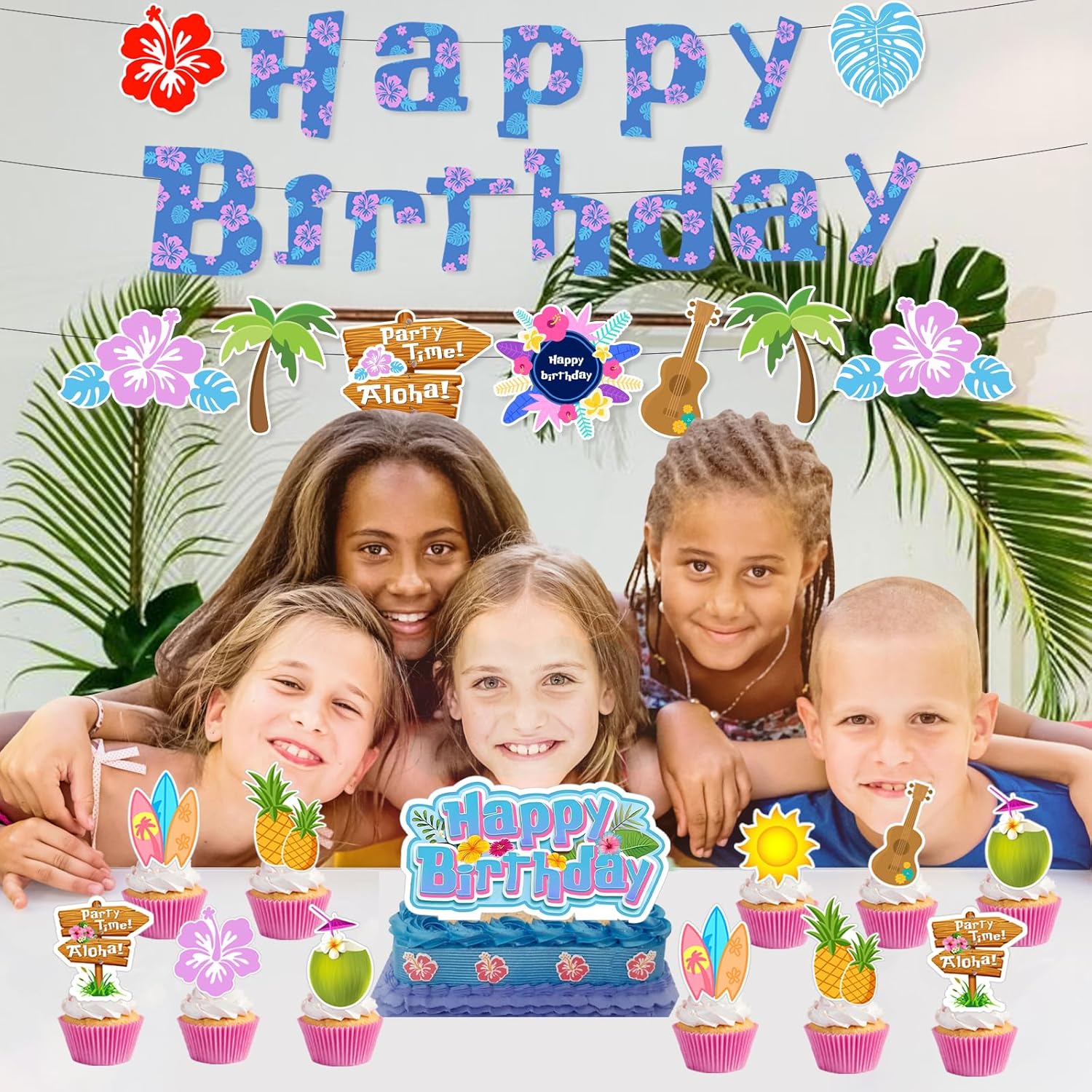 Hawaii Party Decor Kit with Birthday Banners and Cupcake Toppers
