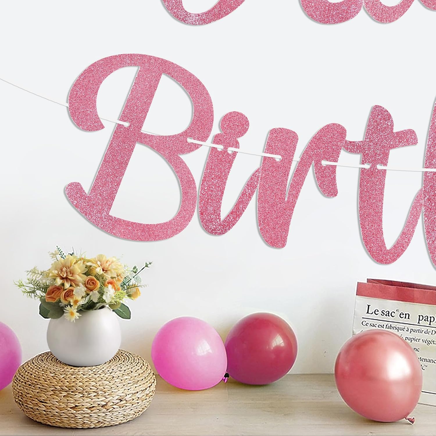 Pink Birthday Banner with Flowers and Garland