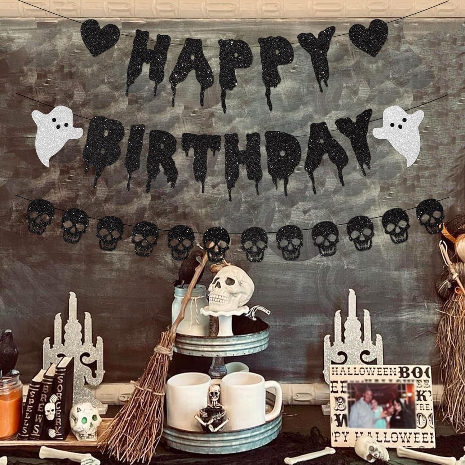 Black Glitter Halloween Birthday Banner with Skull and Heart