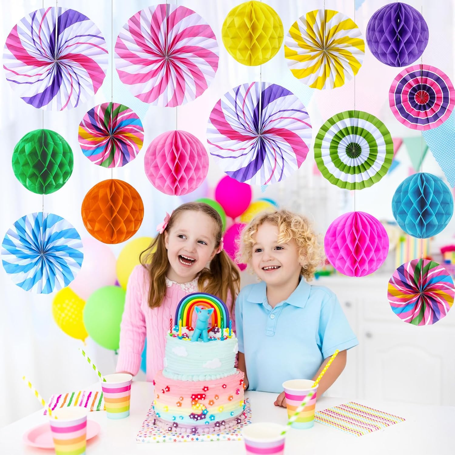 Outus 21 Pcs Candyland Party Decorations Hanging Fans Pom Poms