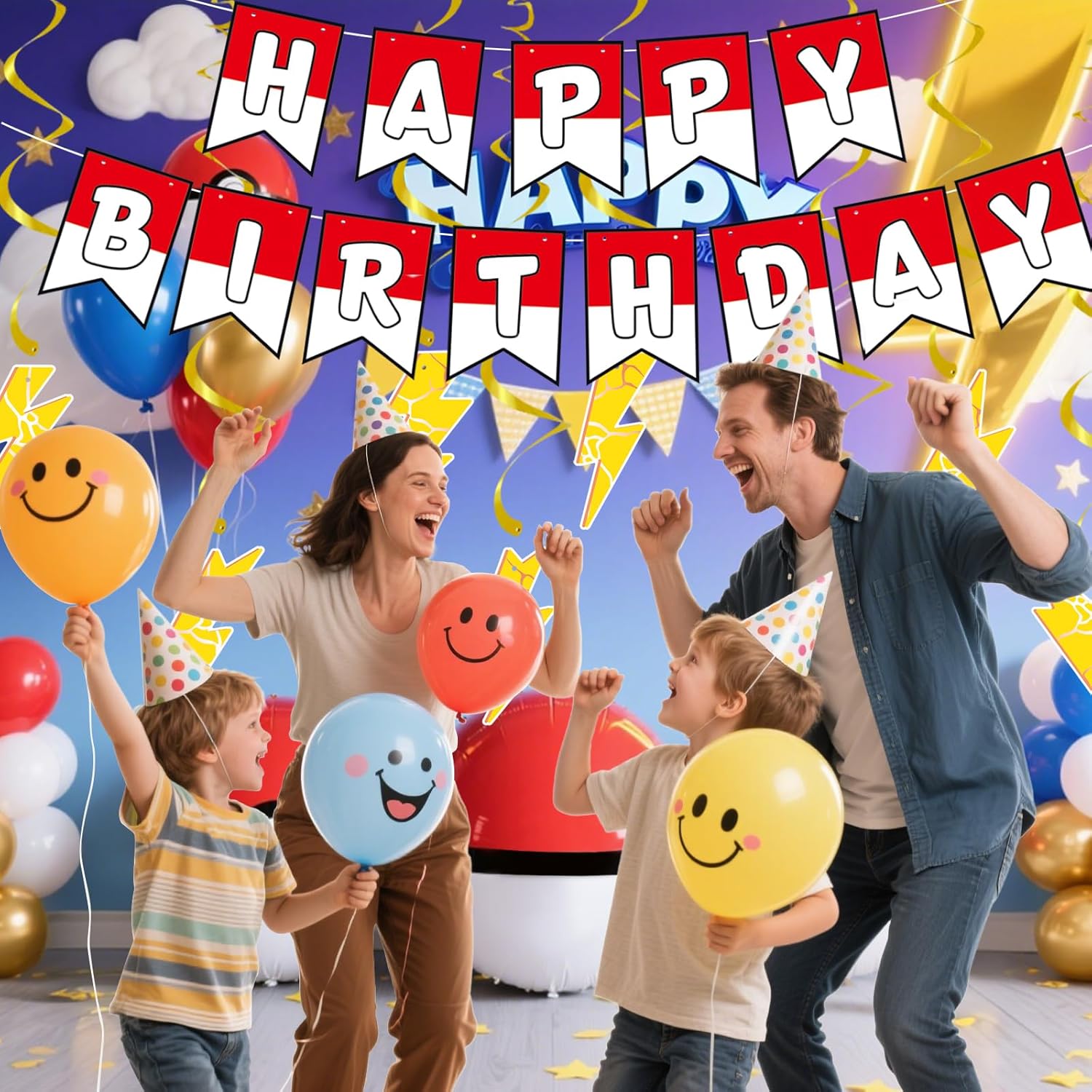 Cartoon Birthday Banner Set 8pcs Lightning Hanging Swirls Party Decorations