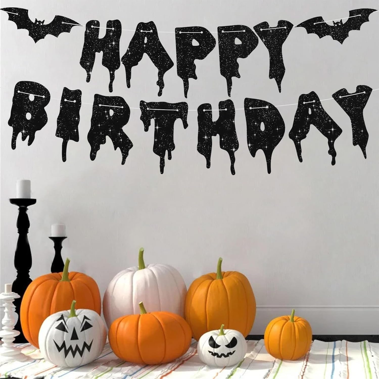 Glitter Black Halloween Birthday Party Banner Decorations