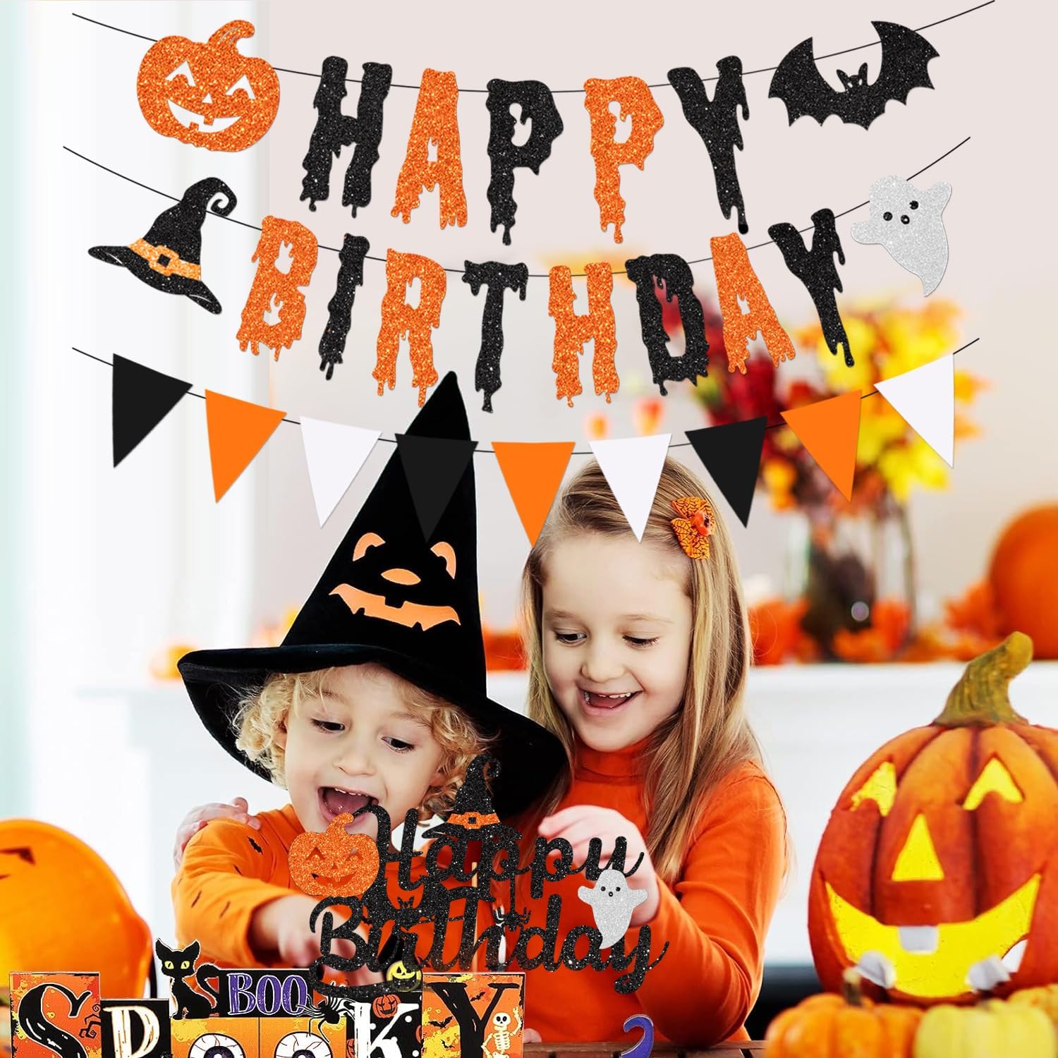 Glitter Halloween Birthday Banner with Cake Toppers