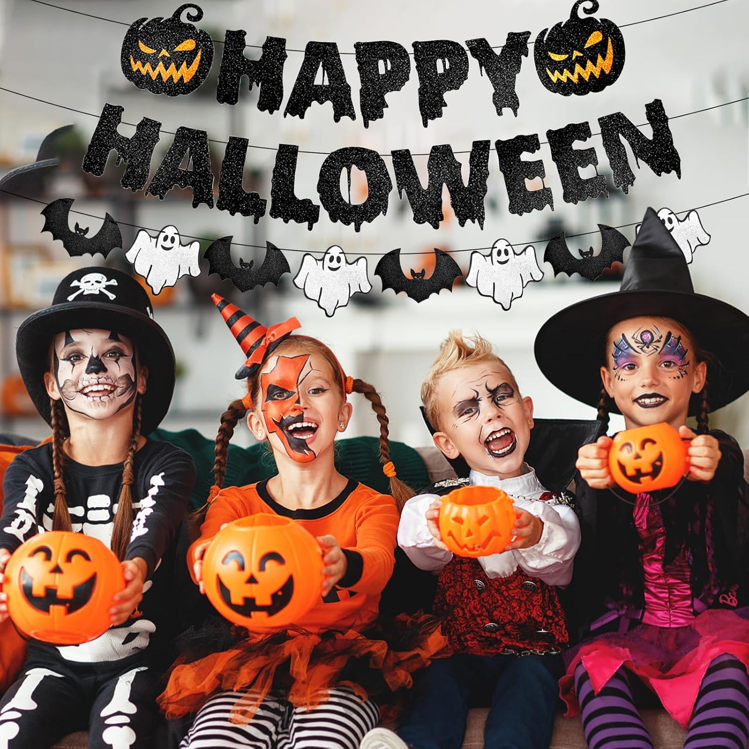 Black Glitter Happy Halloween Banner with Pumpkin Ghost Bat