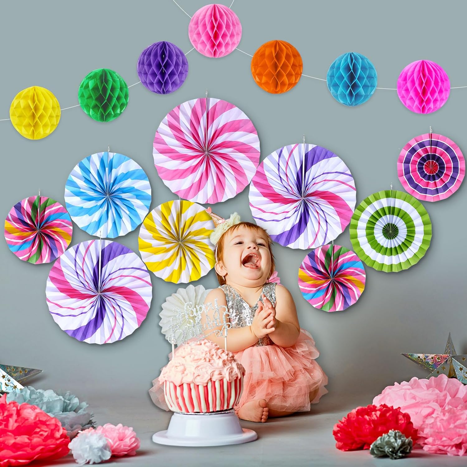 Outus 21 Pcs Candyland Party Decorations Hanging Fans Pom Poms