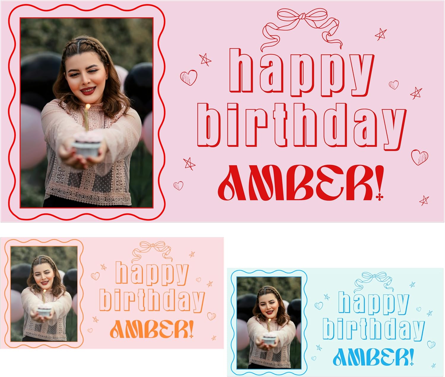 Customized Photo Name Birthday Banner - Pink Red