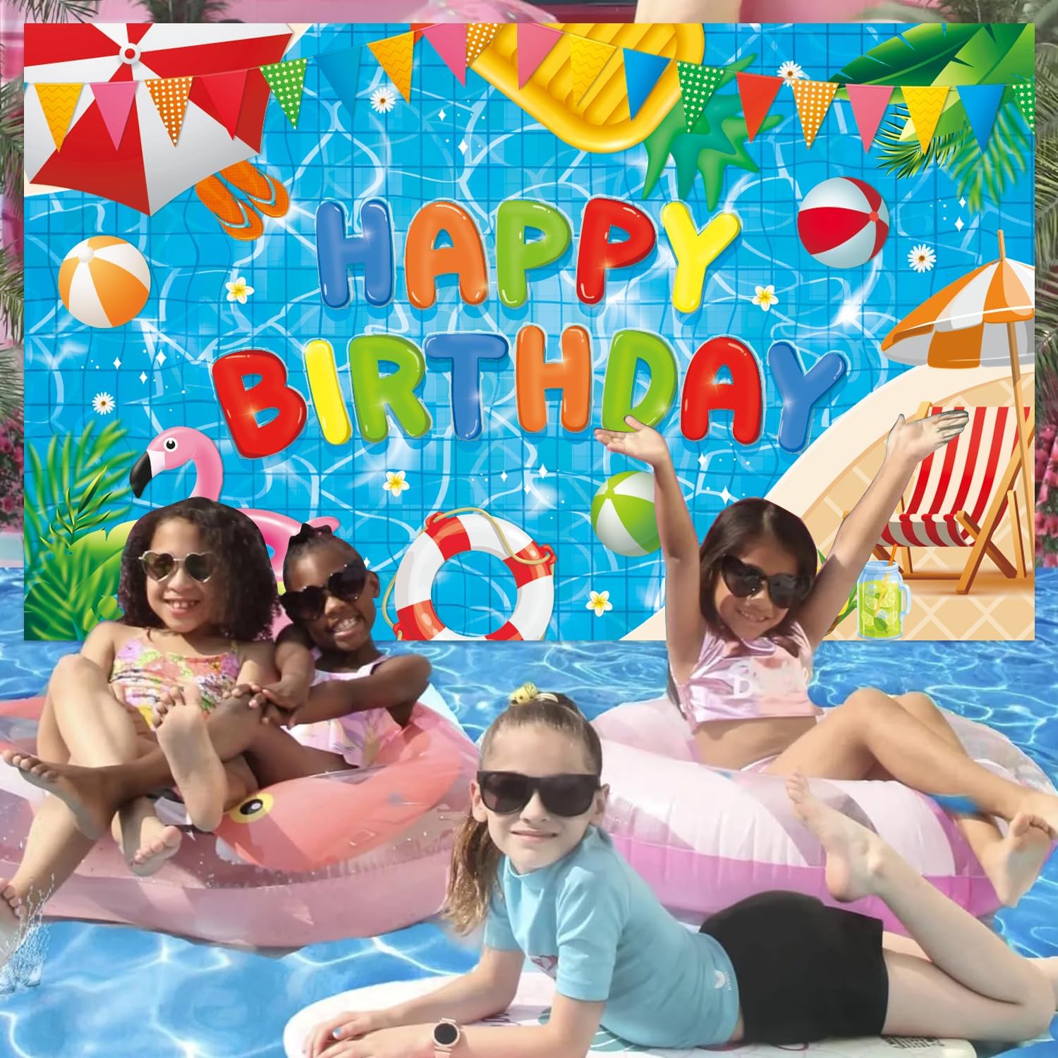 Pool Party Birthday Banner Backdrop Decorations