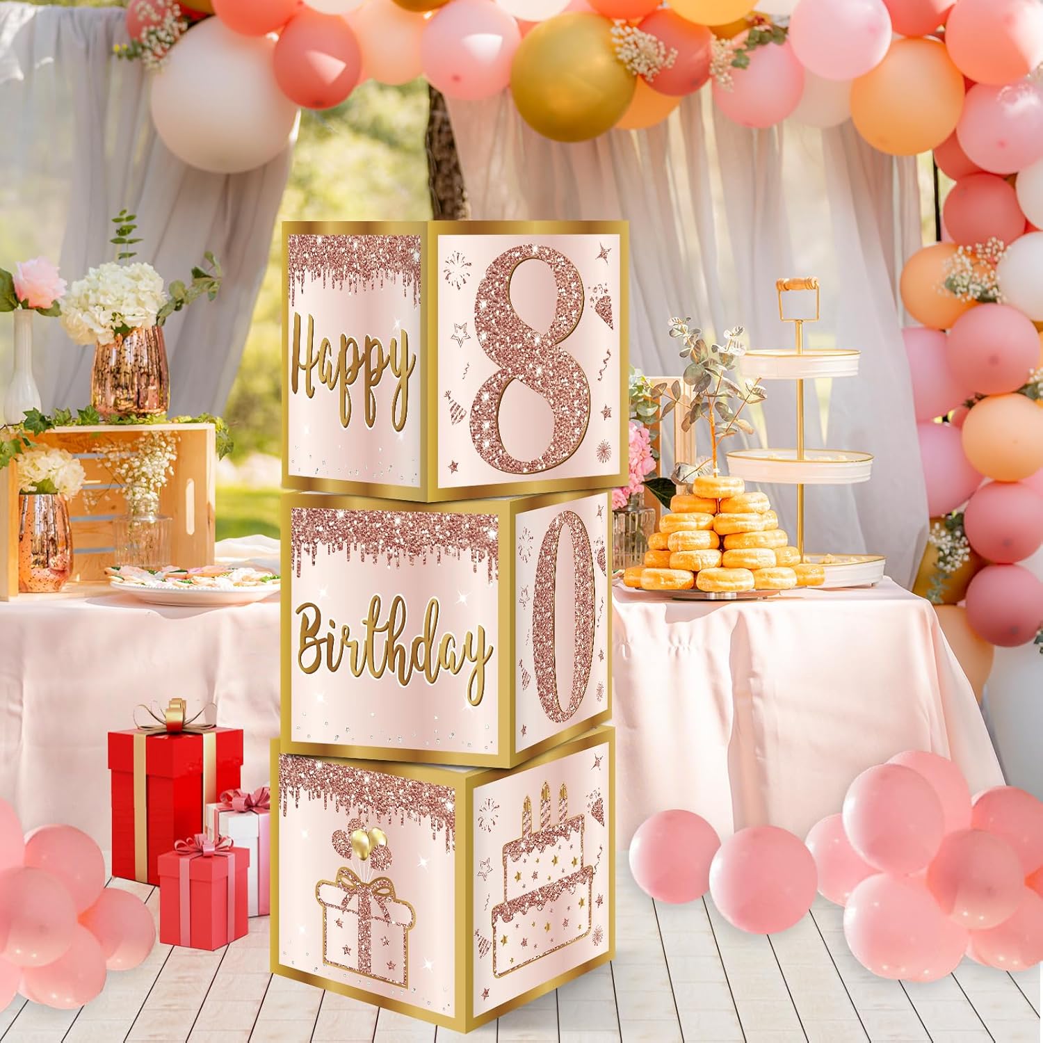 3Pcs Pink Rose Gold 80th Birthday Balloon Boxes Party Decor