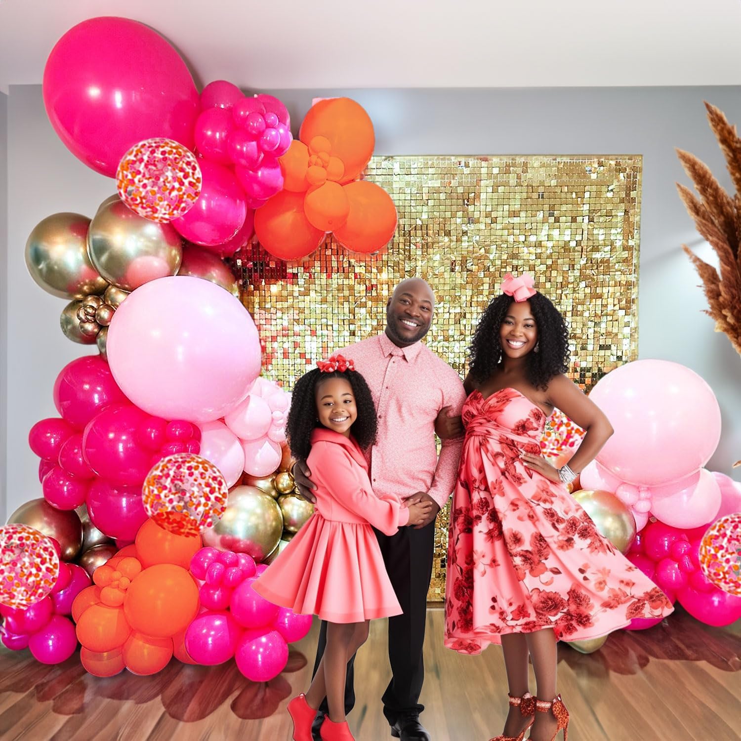 ECEAE Pink Orange Balloon Garland Kit with Hot Pink Gold Confetti Balloons