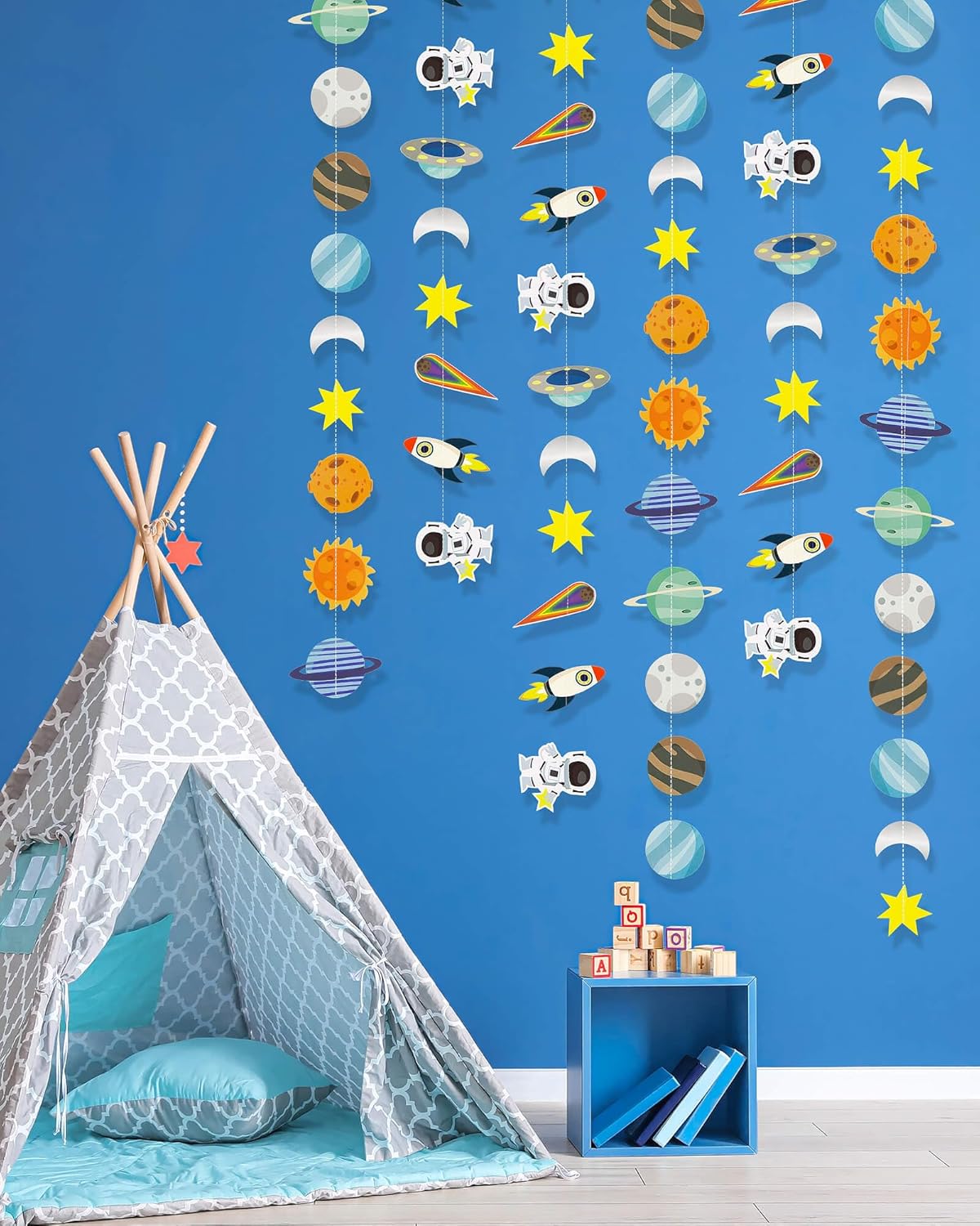 Galaxy Solar System Hanging Banner with Rockets and Stars
