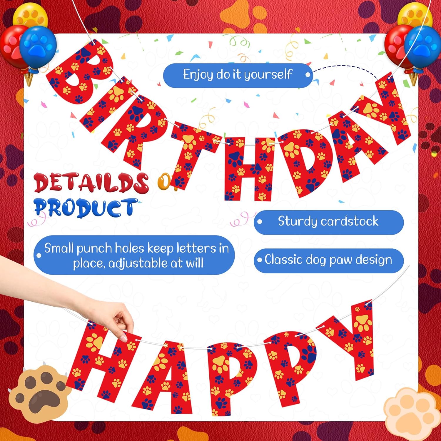 Dog Paw Birthday Banner Red Cartoon Party Decoration