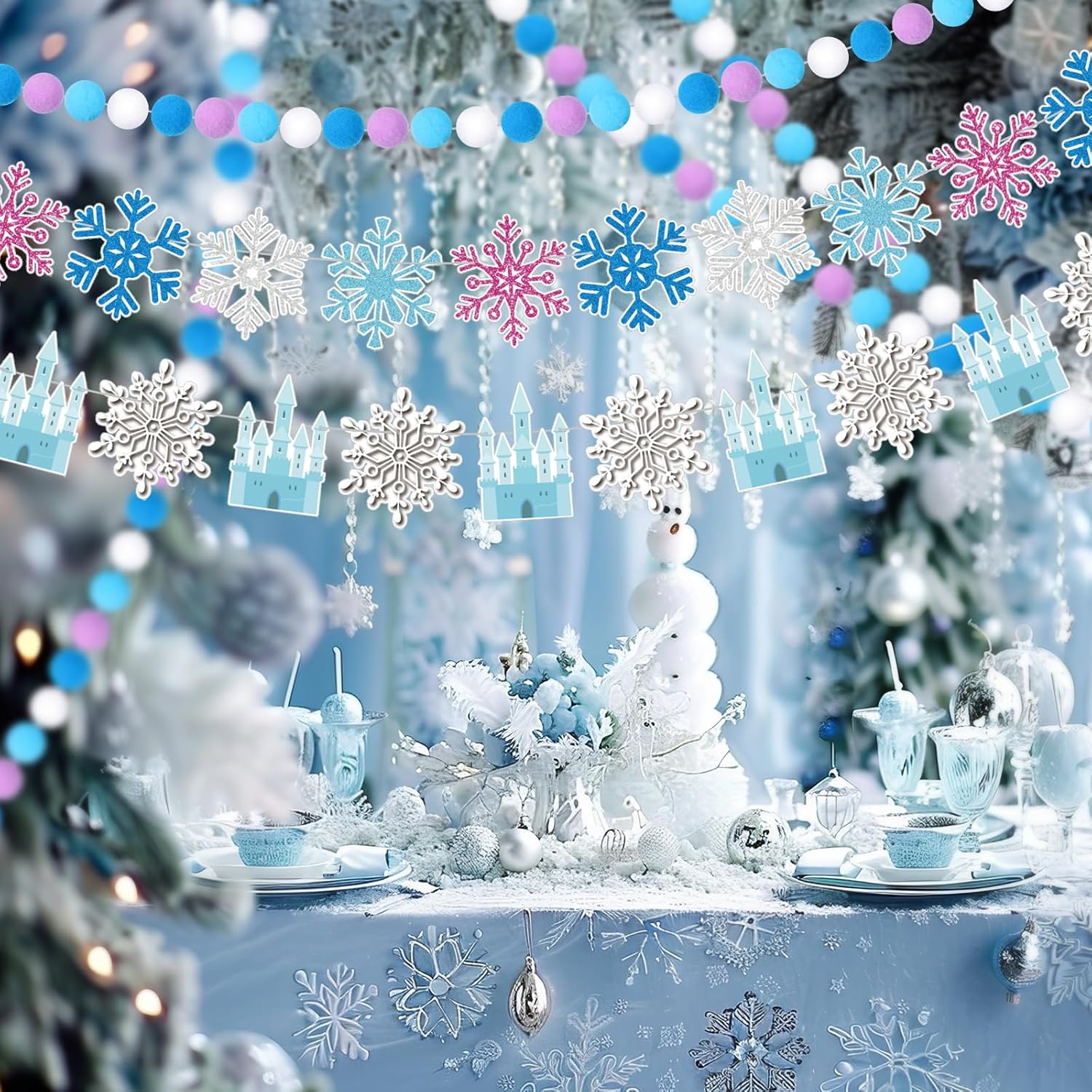 5 Pcs Snowflake Birthday Banner Set with Felt Castle Decorations