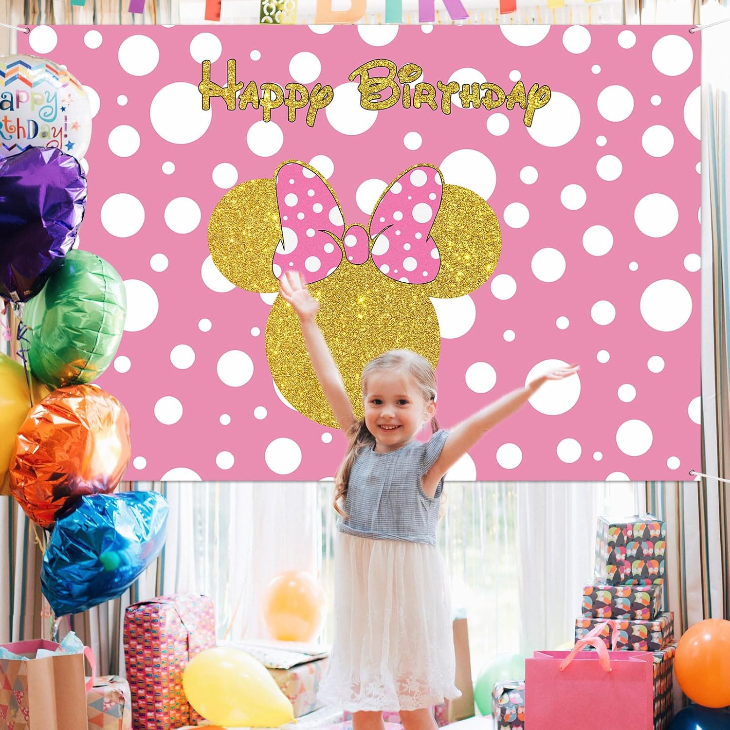 Happy Birthday Mouse Girl Themed Backdrop Pink Cartoon Party Decorations