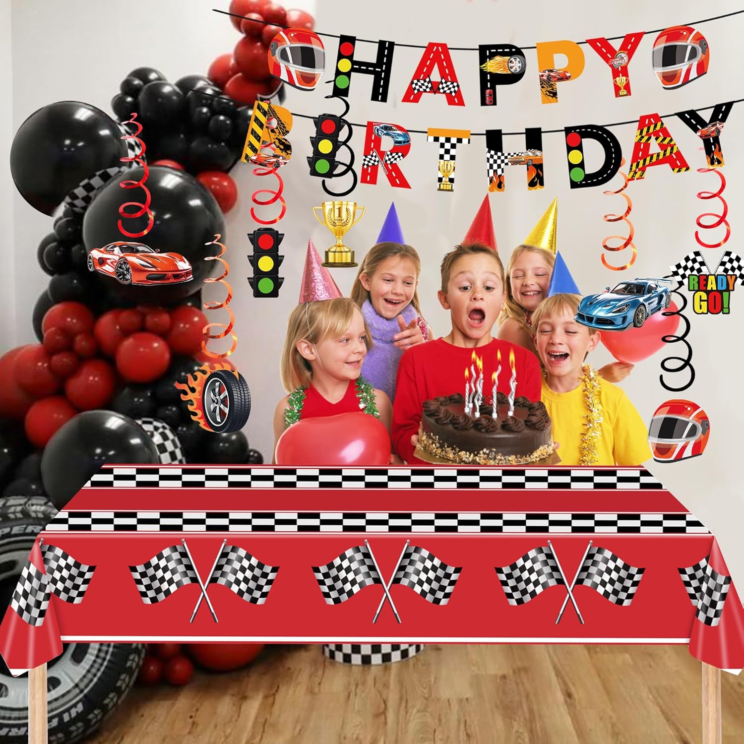 Race Car Birthday Decorations Set with Banner and Tablecloth
