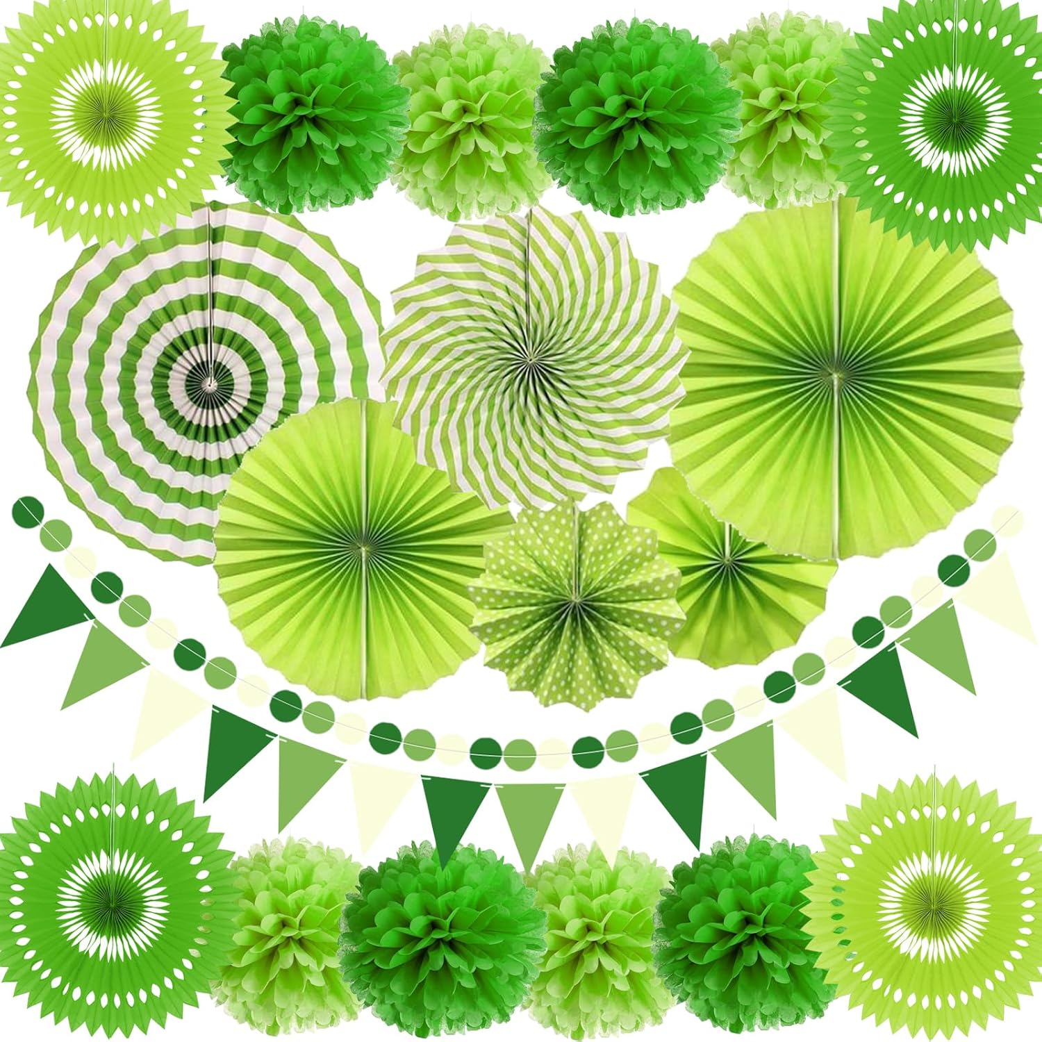 Green Party Decorations with Hanging Fan Pom Poms Garland Pennant