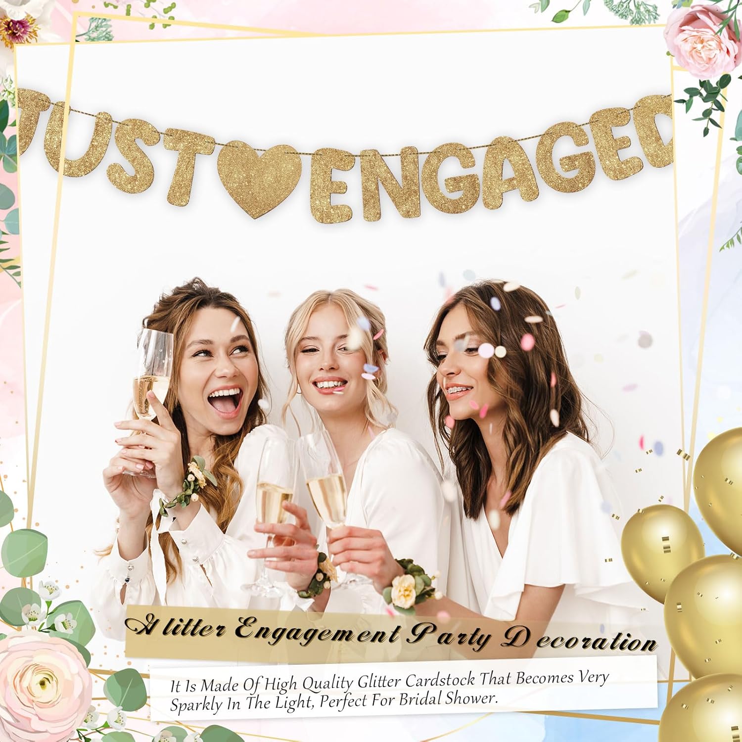 Breling Just Engaged Banner Glitter Engagement Decor