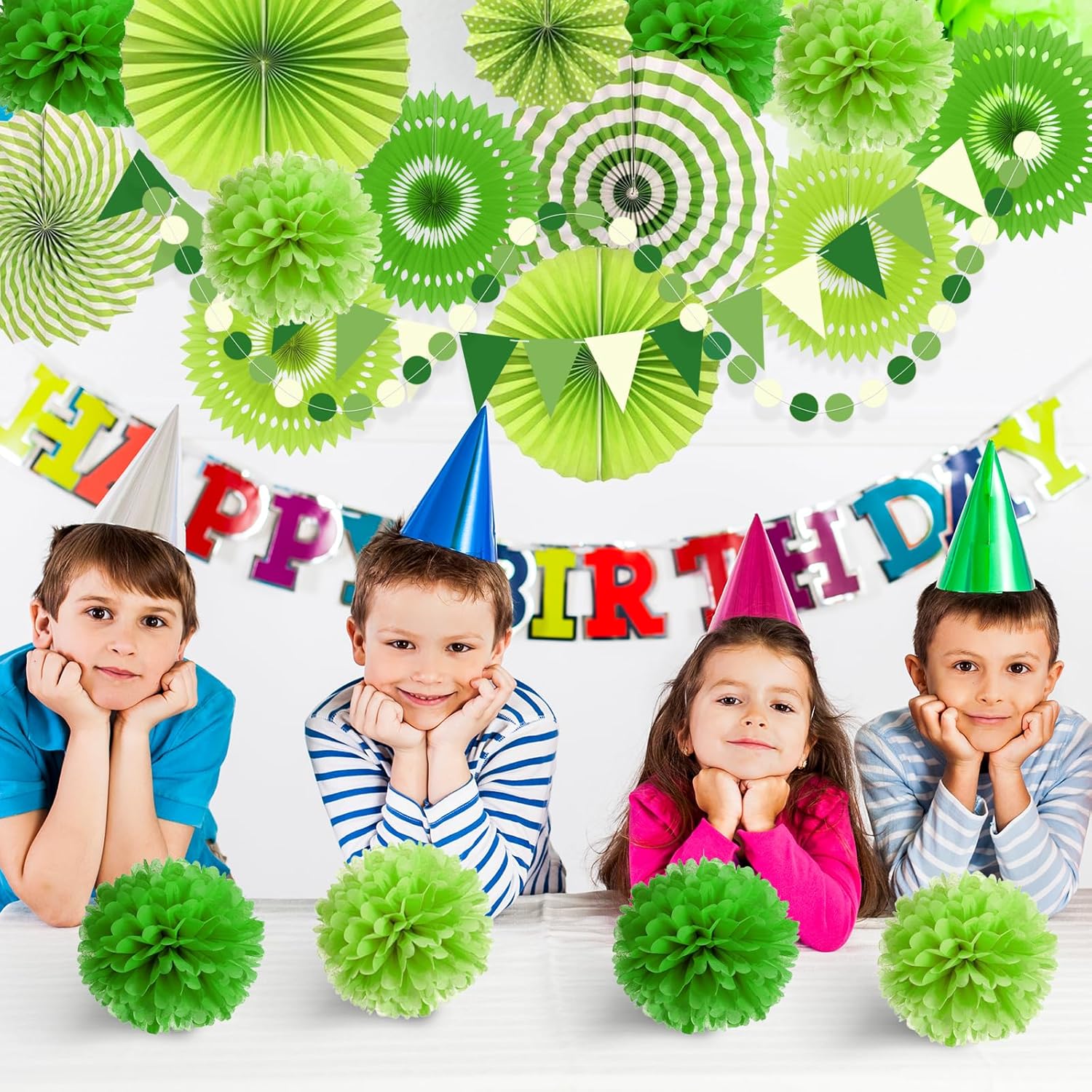 Green Party Decorations with Hanging Fan Pom Poms Garland Pennant
