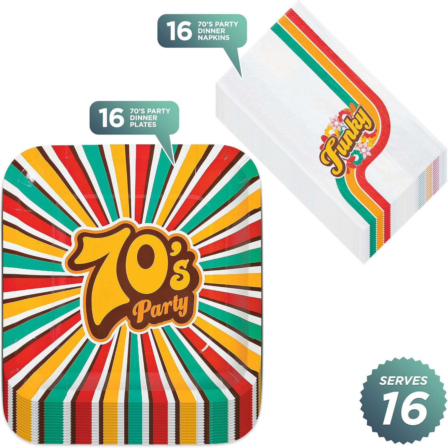70s Decades Party Supplies - Funky Stripe Plates and Napkins Set