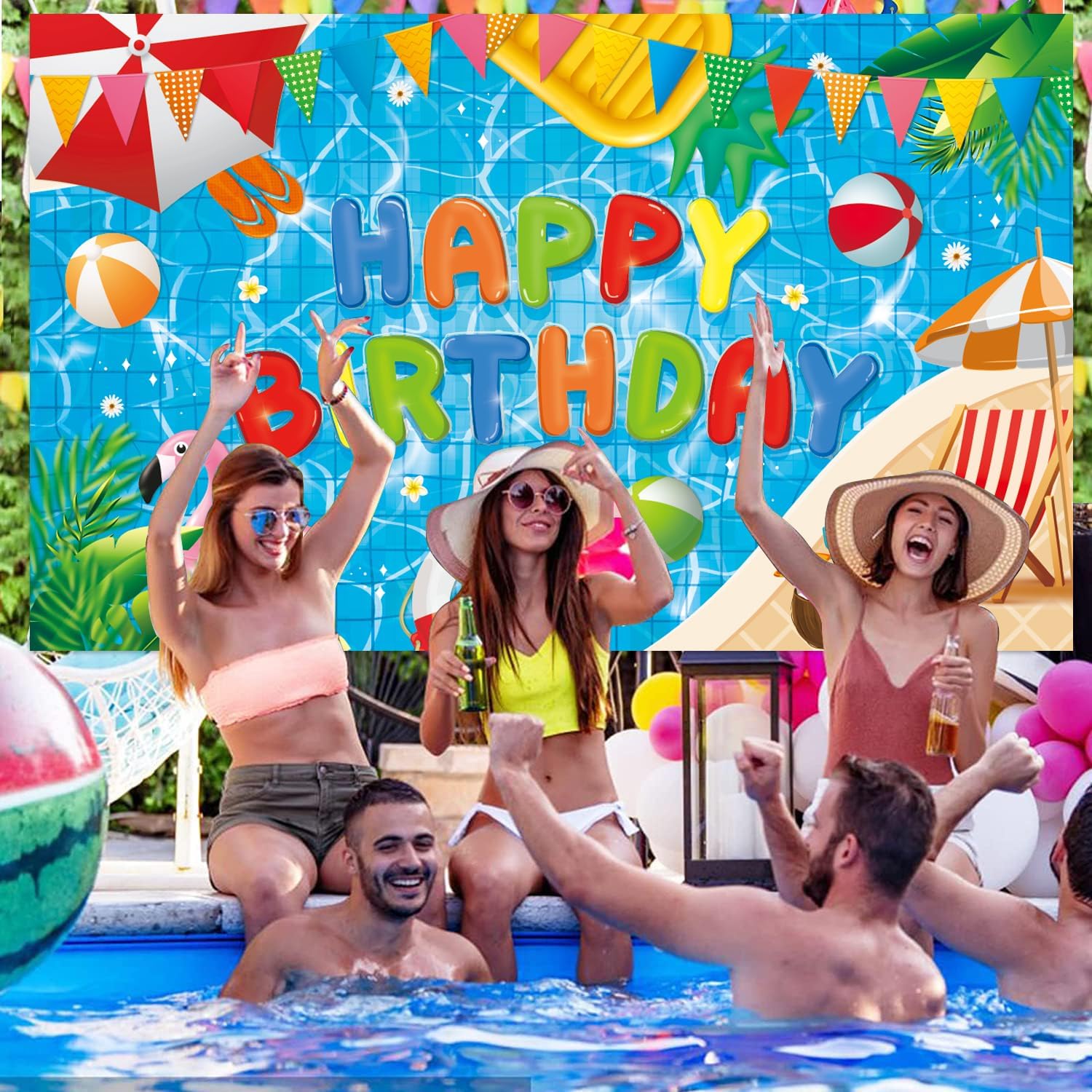 Pool Party Birthday Banner Backdrop Decorations