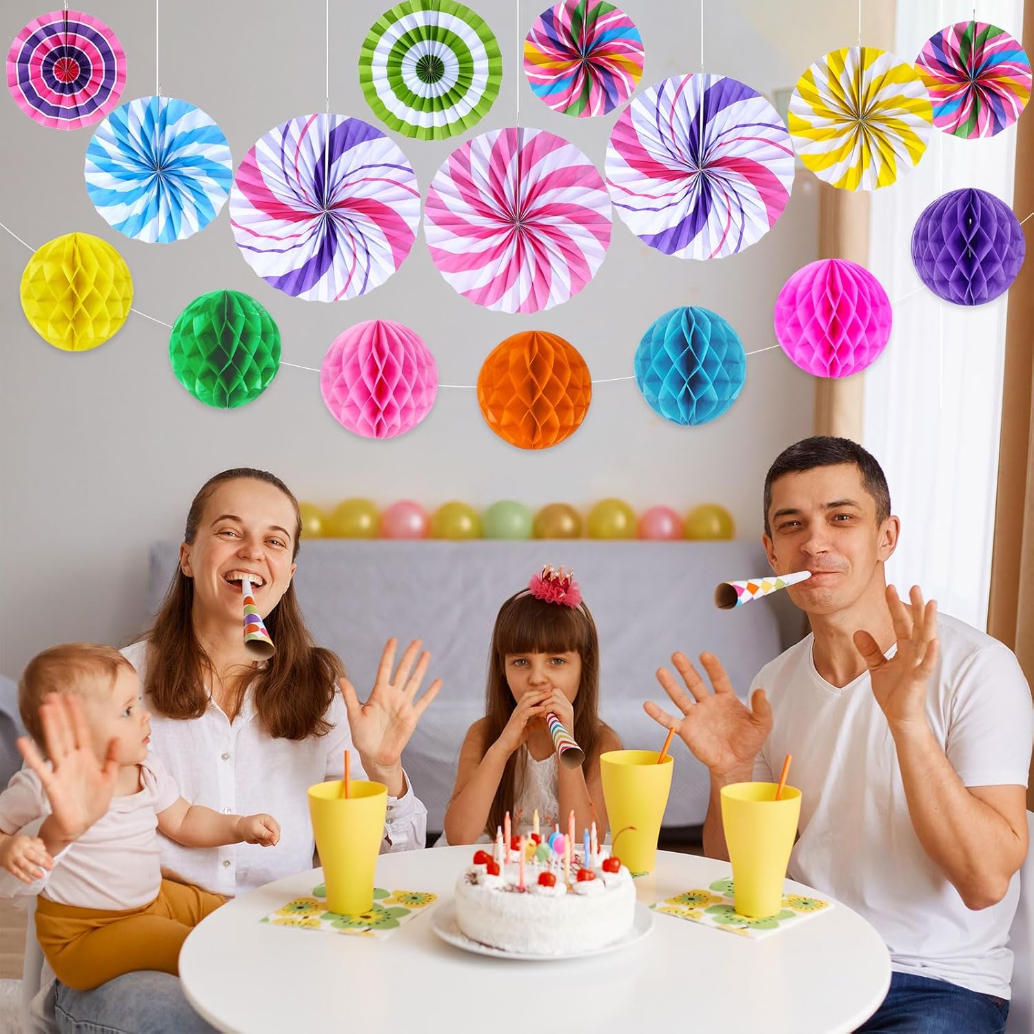 Outus 21 Pcs Candyland Party Decorations Hanging Fans Pom Poms