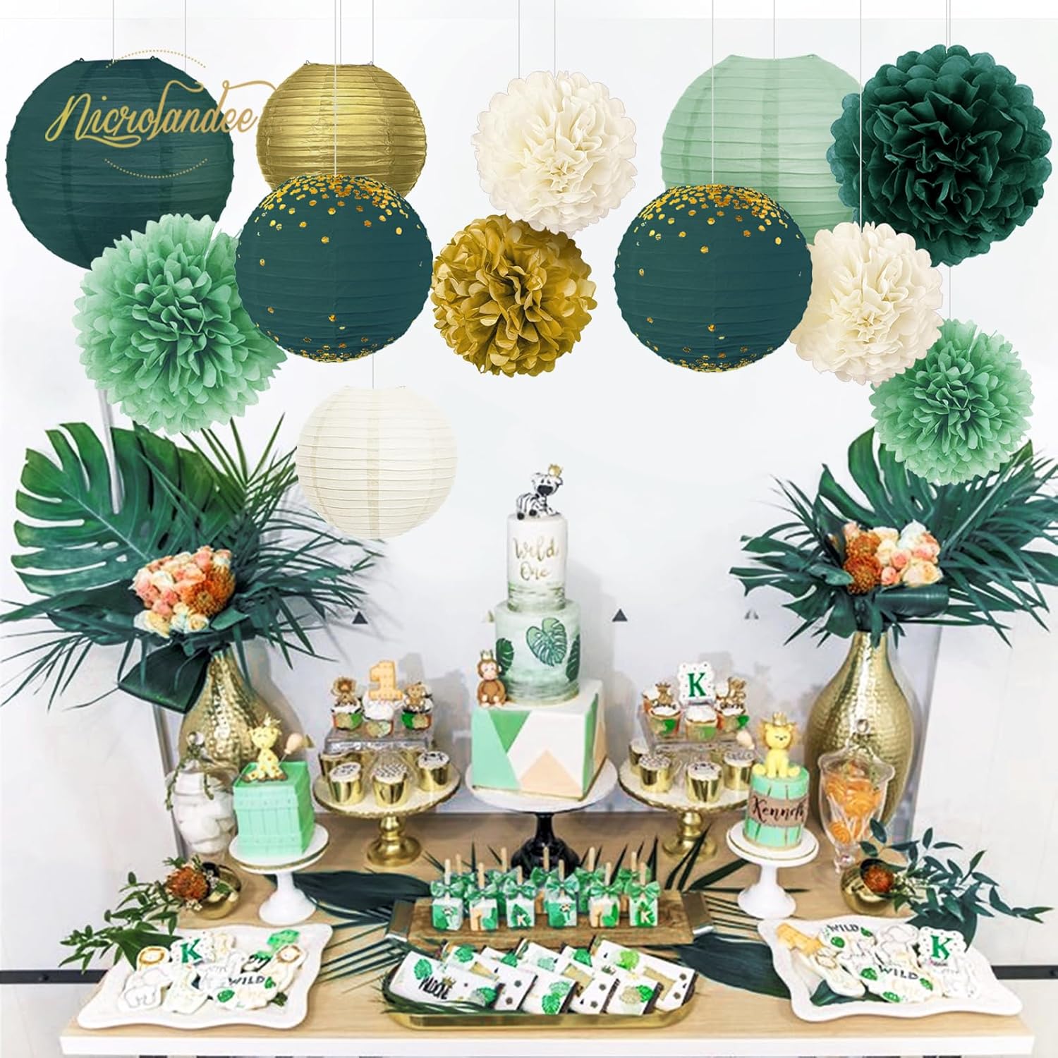 NICROLANDEE Green Tissue Pom Poms and Lanterns Decor Kit