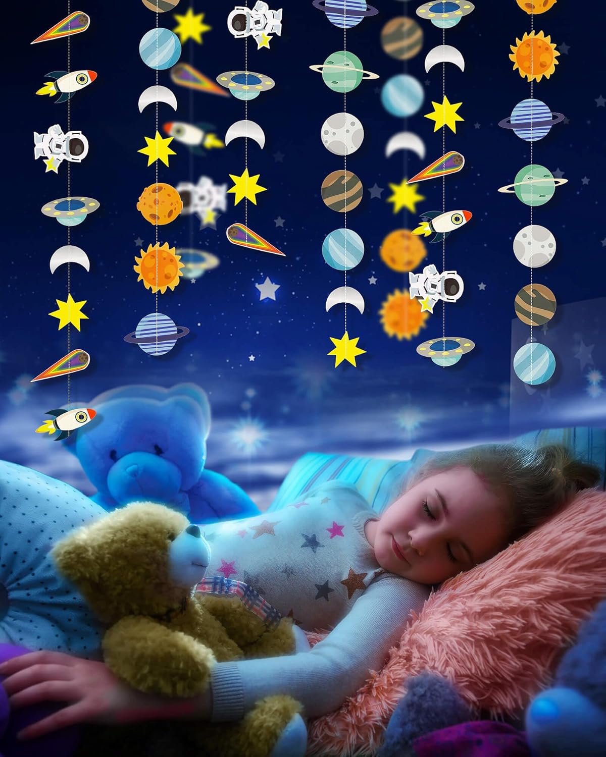Galaxy Solar System Hanging Banner with Rockets and Stars