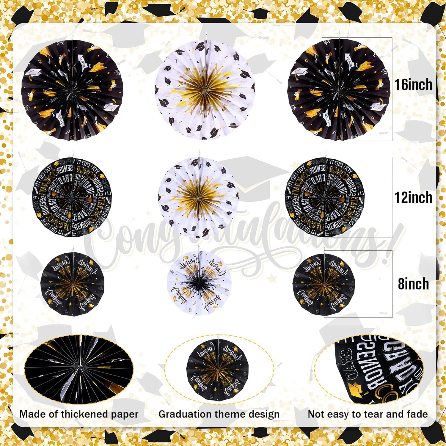 Outus 9 Pcs Graduation Party Decorations Black and Gold Fans