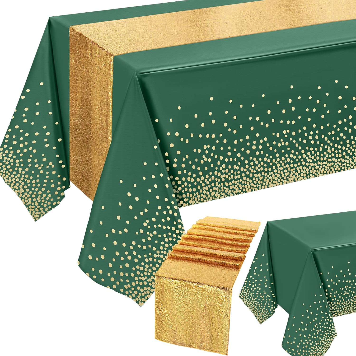 Tudomro Glitter Tablecloth and Sequin Table Runner Set Green Gold