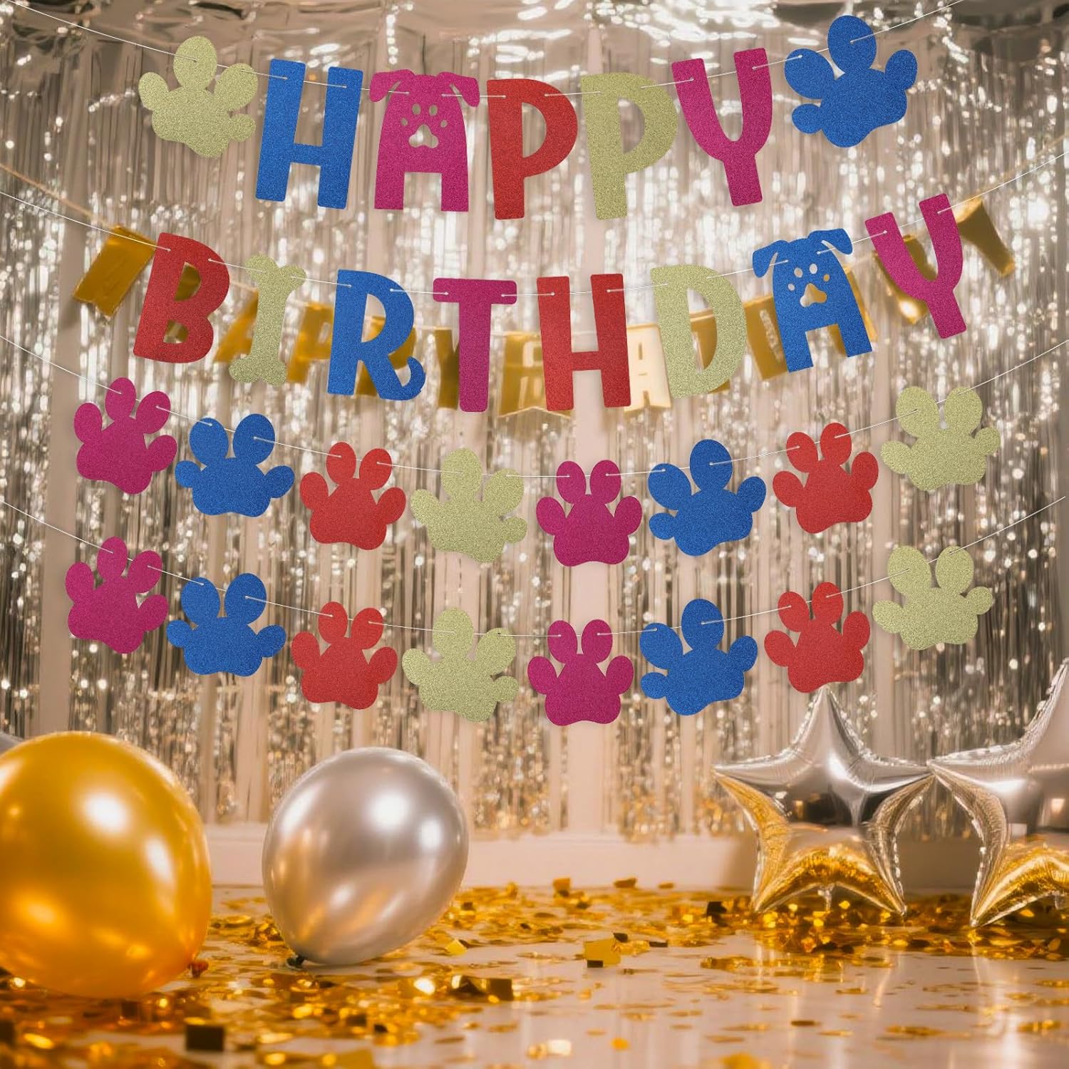 Dog Paw Birthday Banner with Letters and Cartoon Design