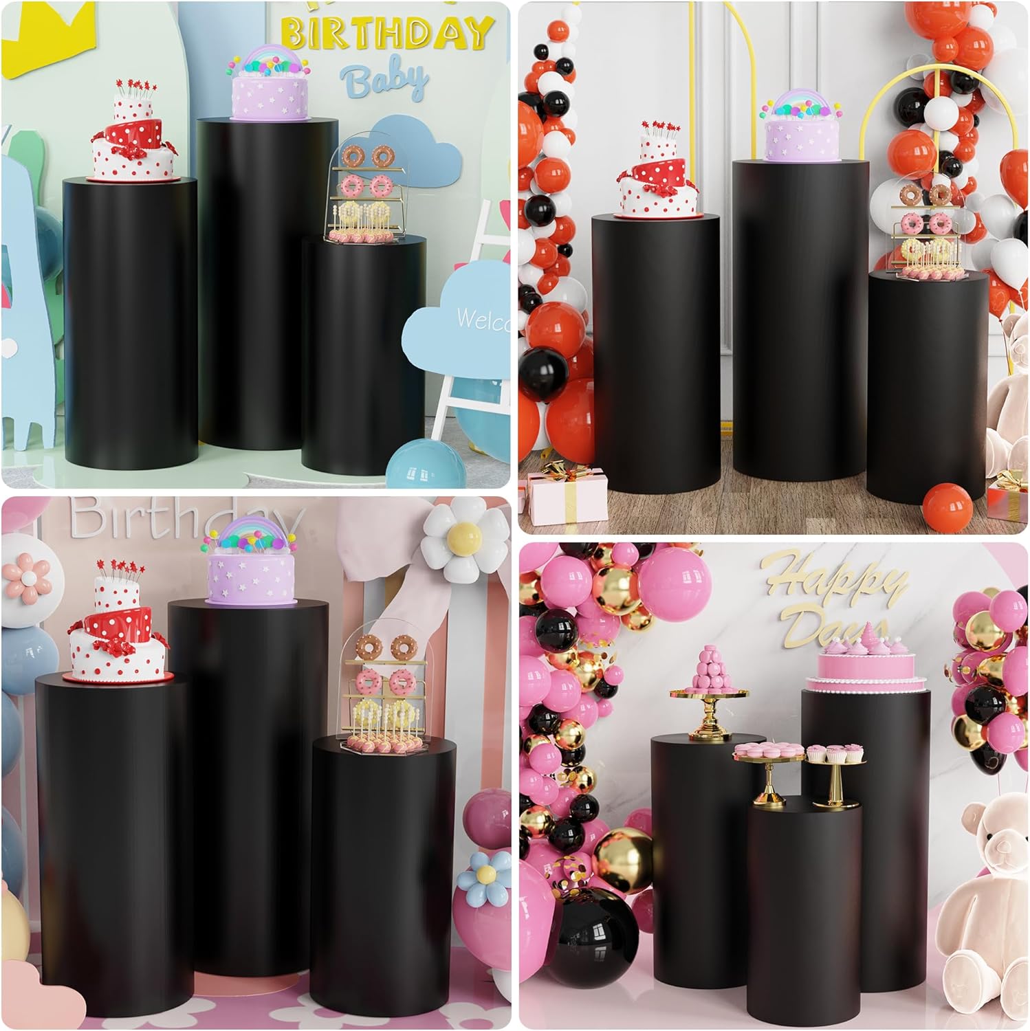 Putros Cylinder Pedestal Covers Black 3Pcs Spandex