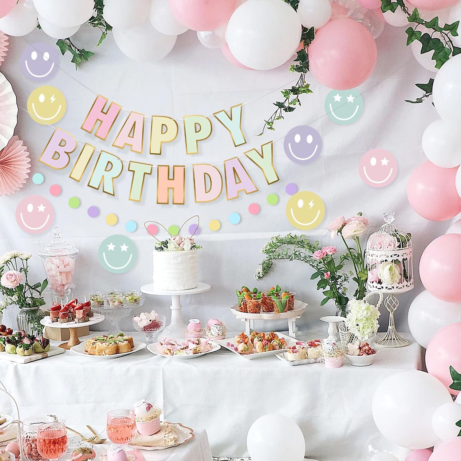 Danadia Pastel Birthday Banner with Smiley Face and Circle Dot Garland