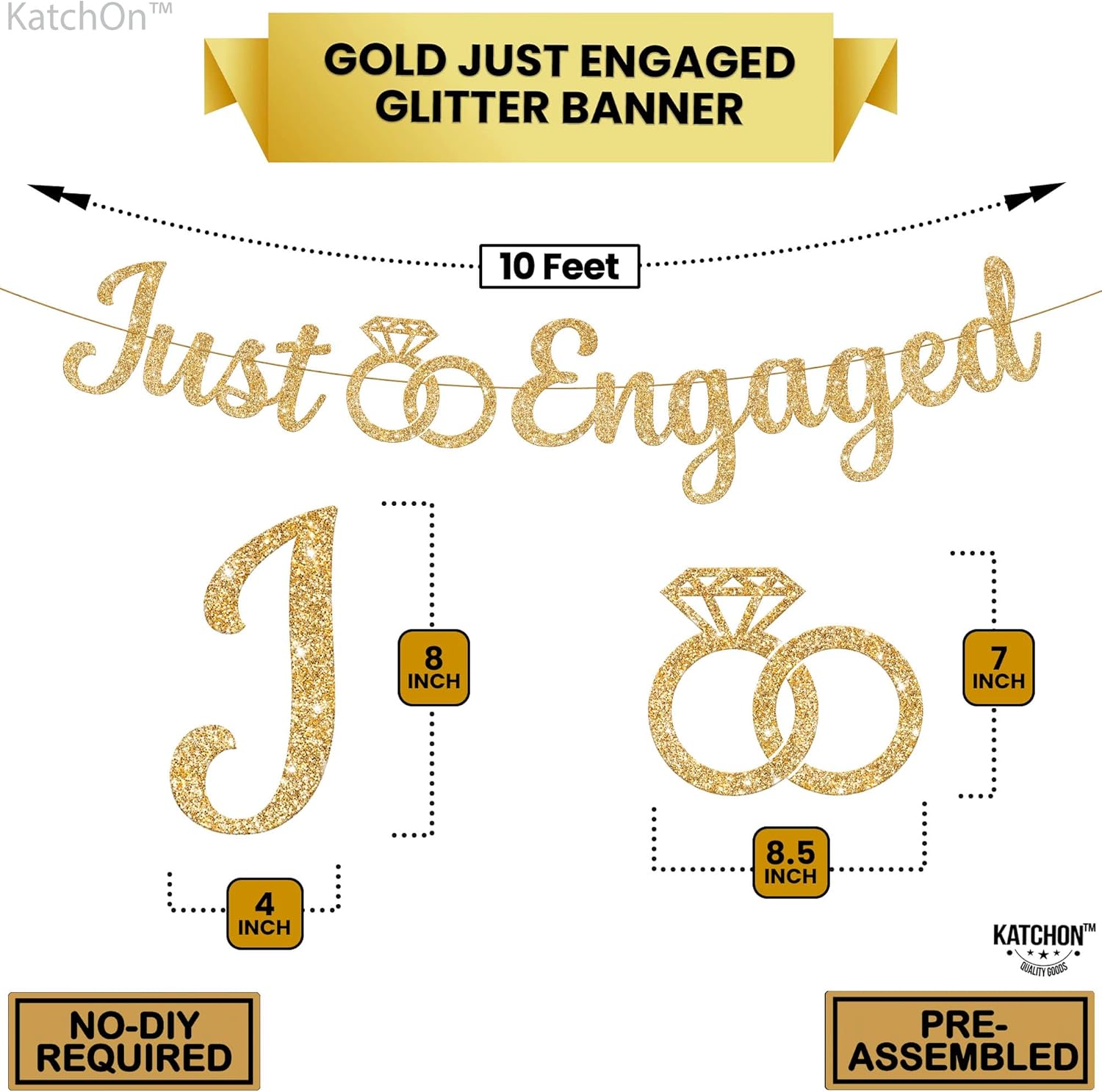 KatchOn Glitter Gold Just Engaged Banner 10 Feet