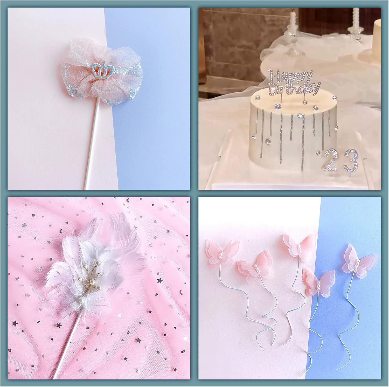 Sparkling Cake Topper Set with Butterfly and Pink Bow