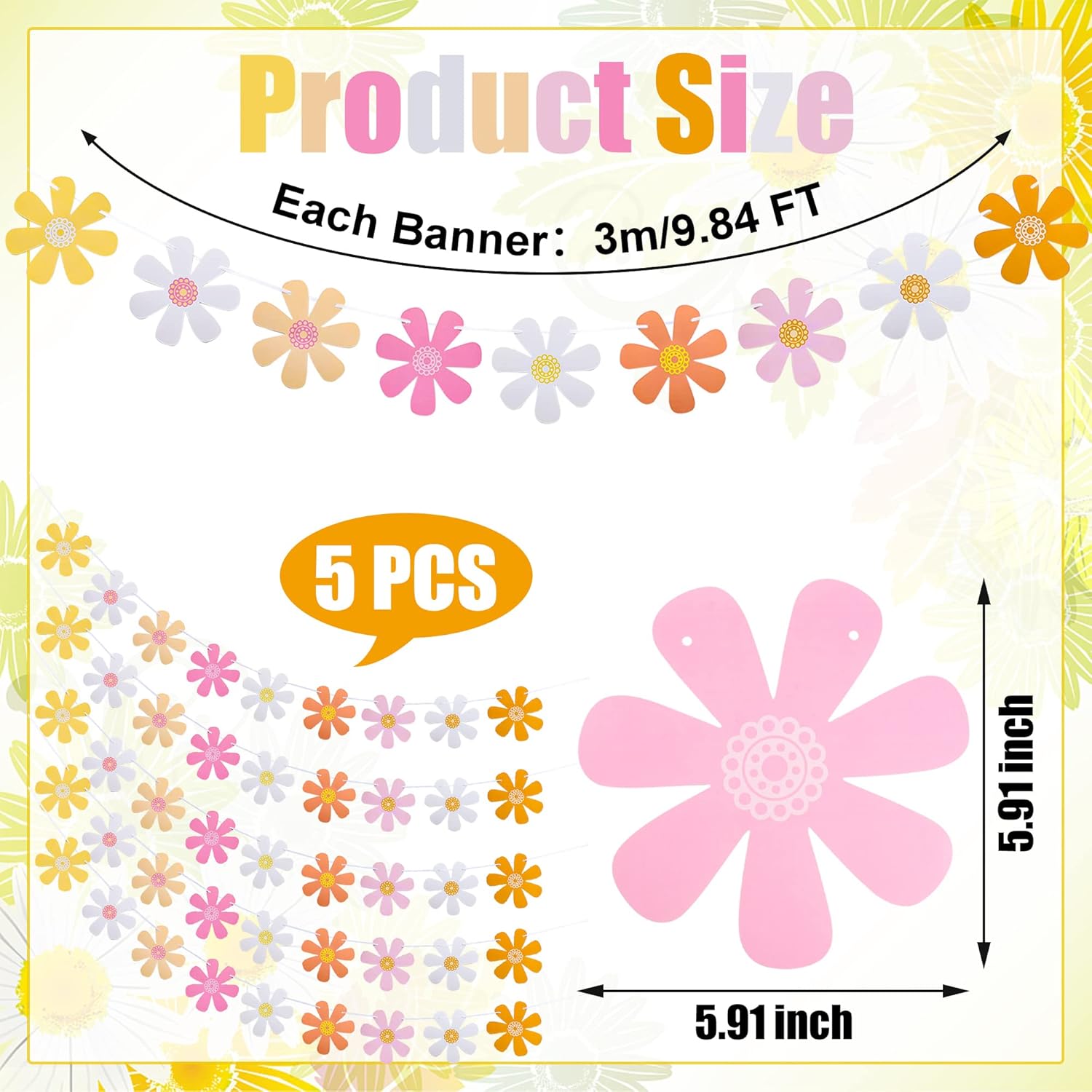 Set of 5 Daisy Paper Garland Boho Decor Banners