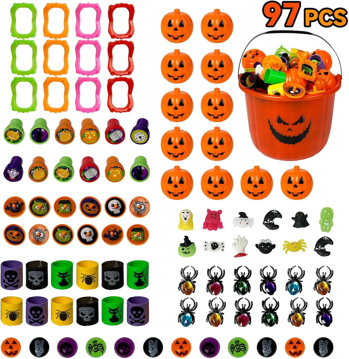 Novelinks Halloween Party Favors 96PCS Plastic Pumpkin Bucket Toys Set