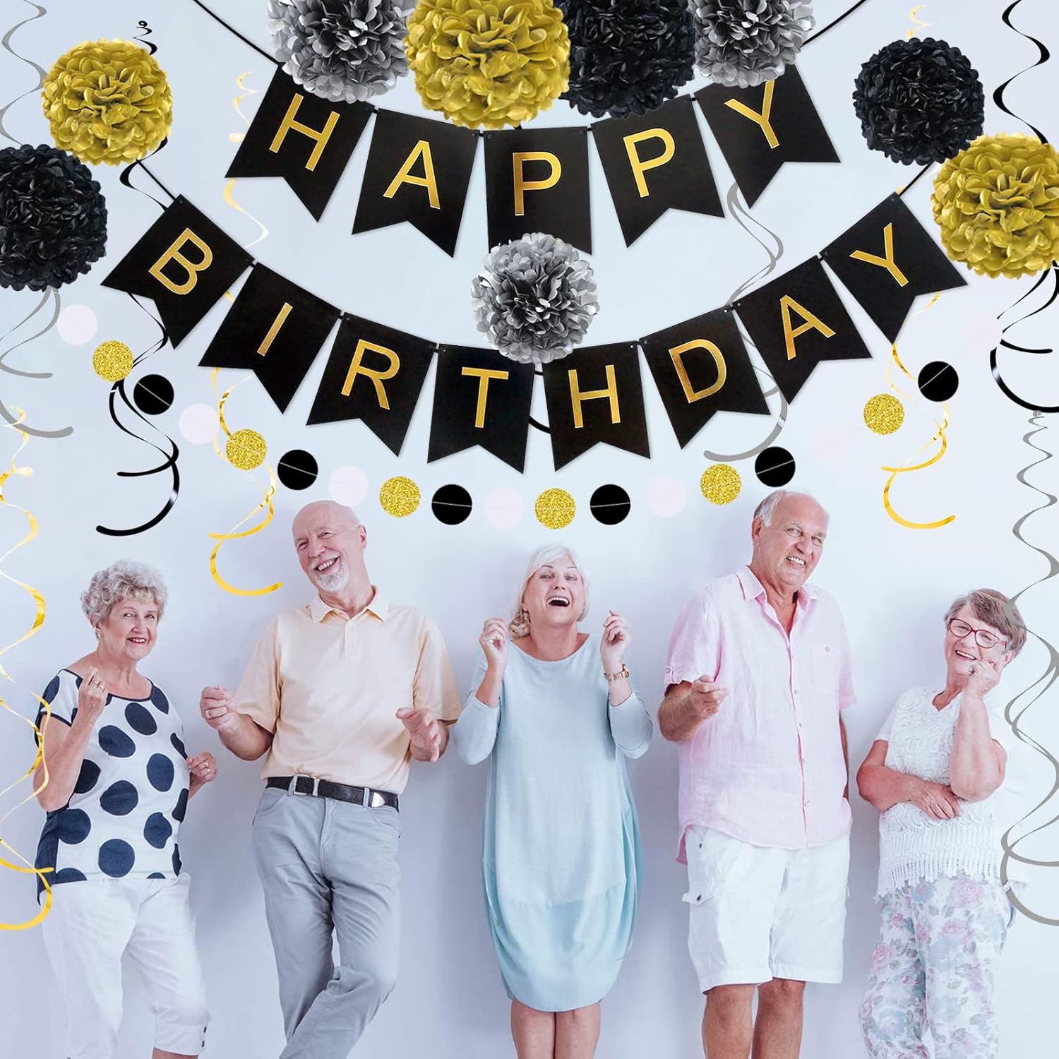 Black and Gold Happy Birthday Banner with Pom Poms and Garland