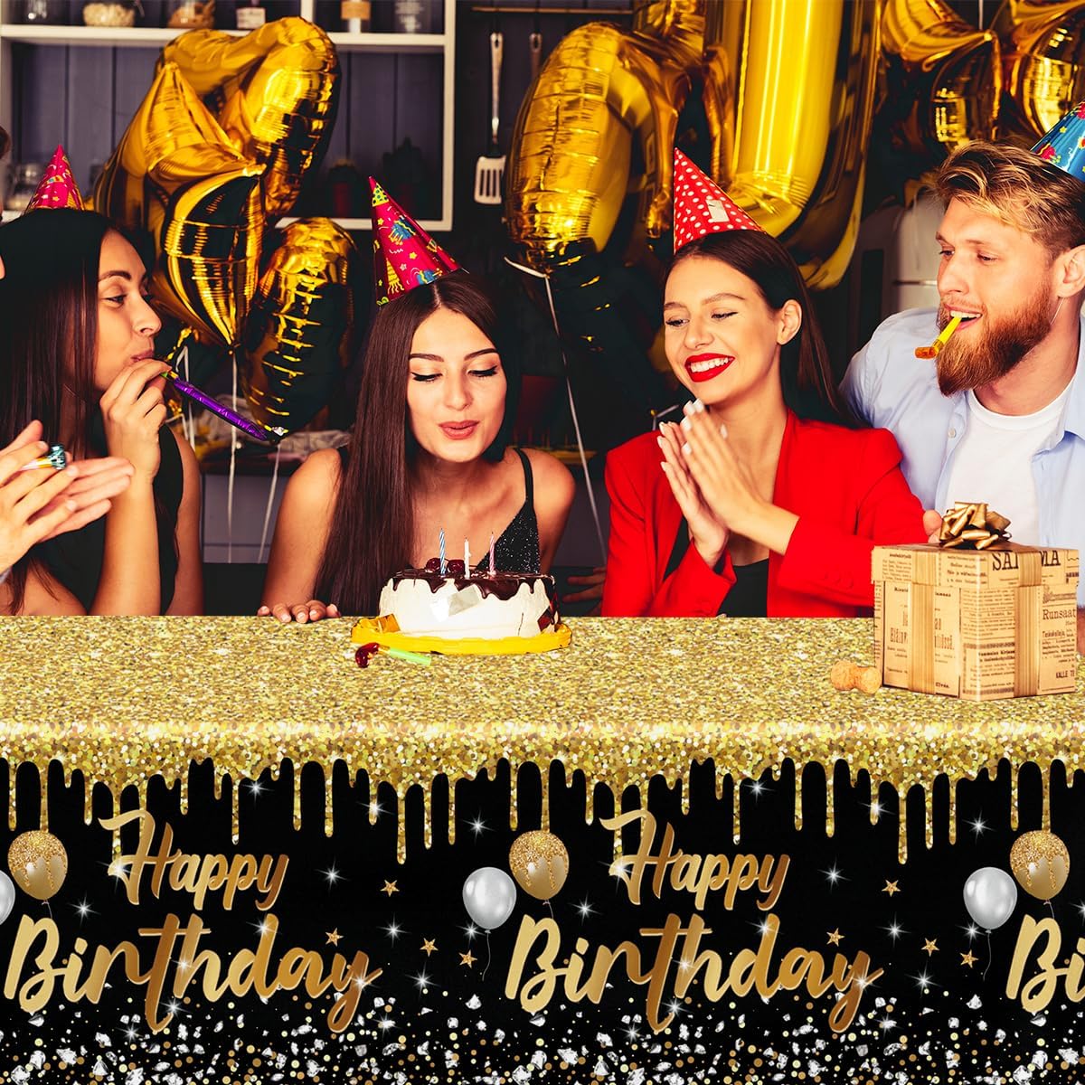 Happy Birthday Tablecloths 3pcs Black and Gold Glitter