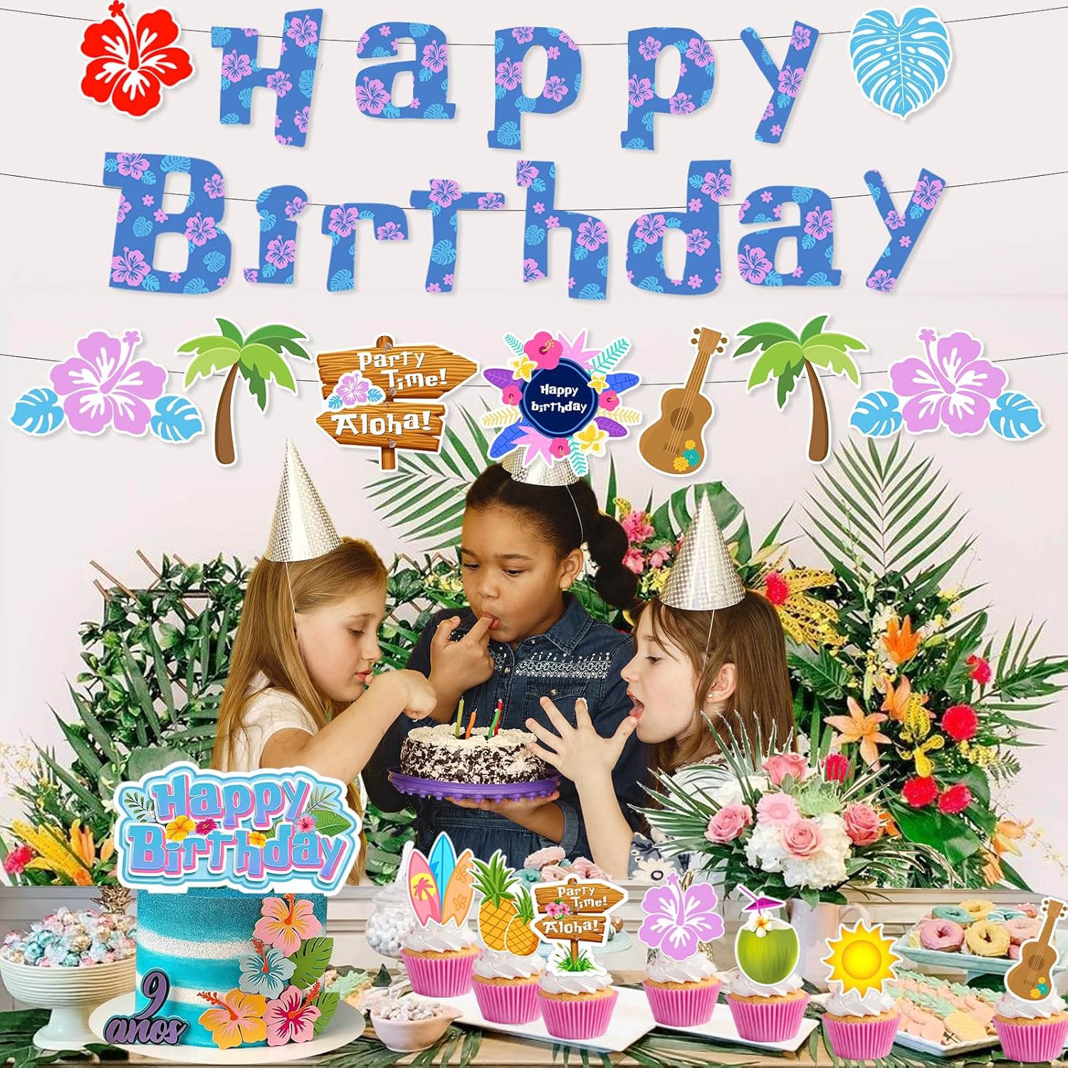 Hawaii Party Decor Kit with Birthday Banners and Cupcake Toppers