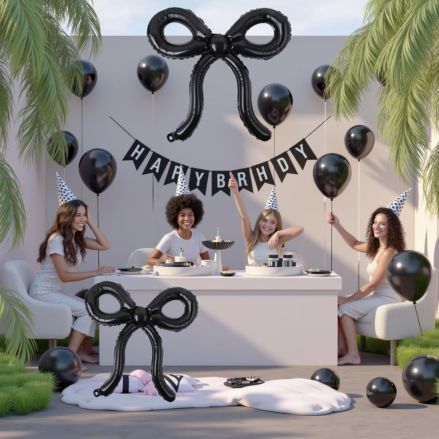 4 Pcs Black Bow Balloons for Birthday Party Decor