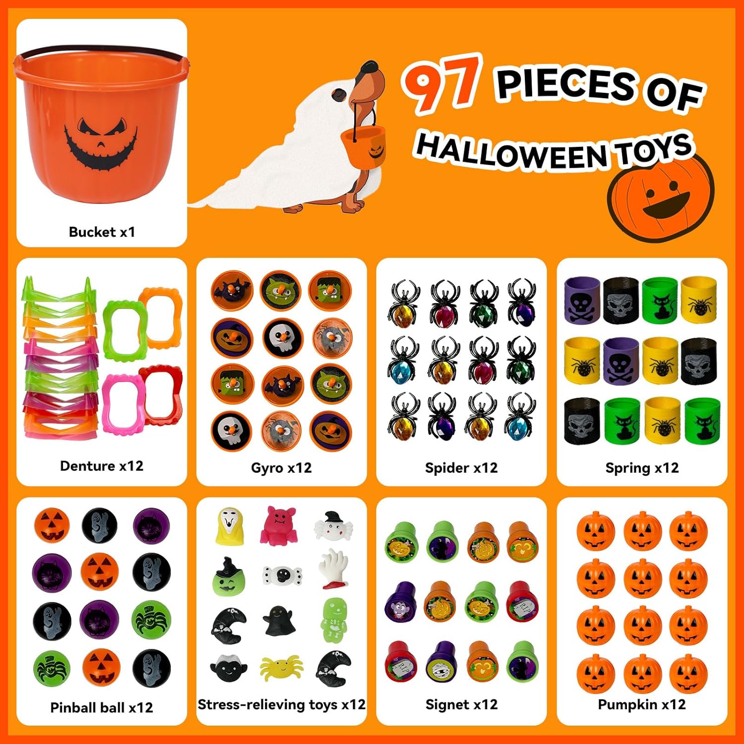 Novelinks Halloween Party Favors 96PCS Plastic Pumpkin Bucket Toys Set