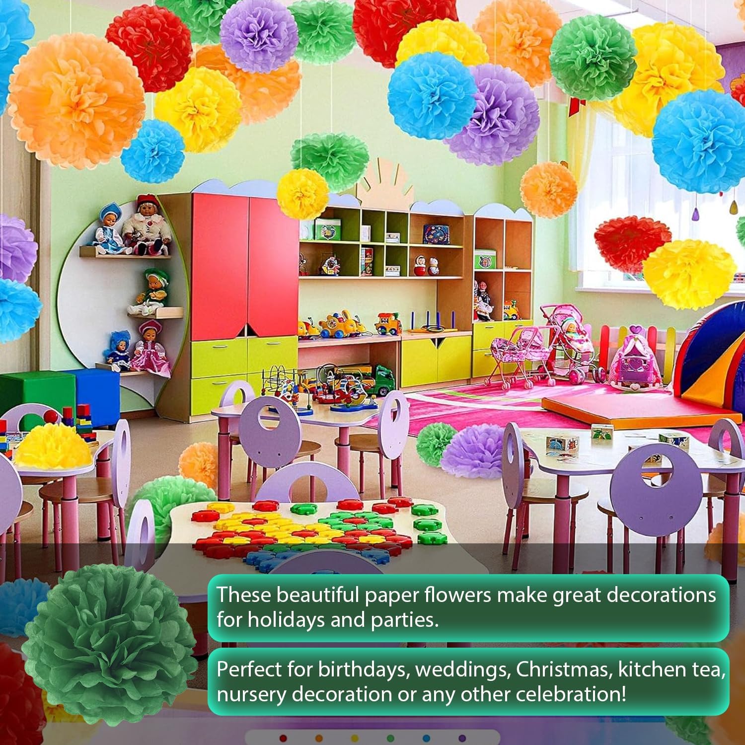 Qimoo 20pcs Dark Green Paper Pom Poms Decorations