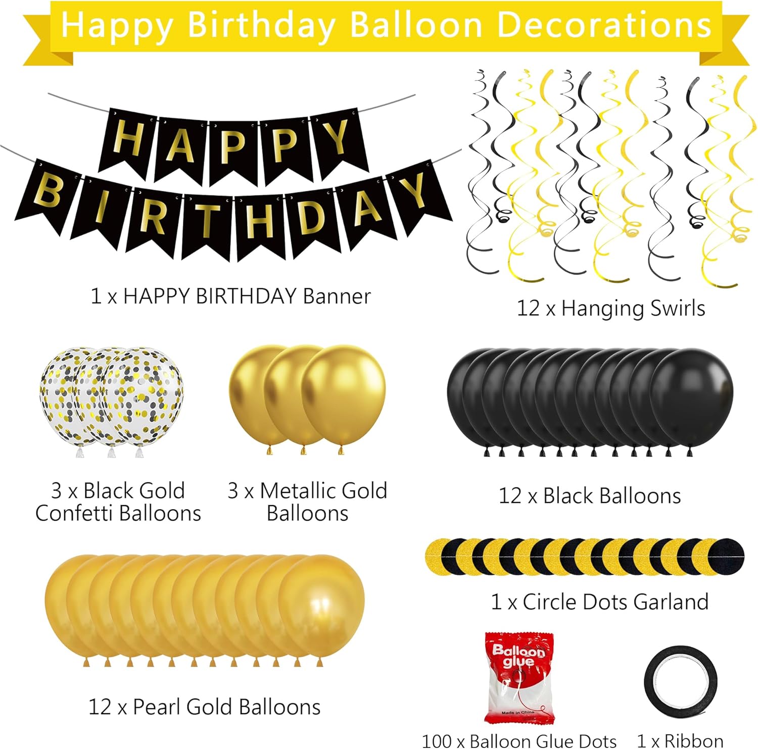 CANREVEL Black and Gold Birthday Decorations Set