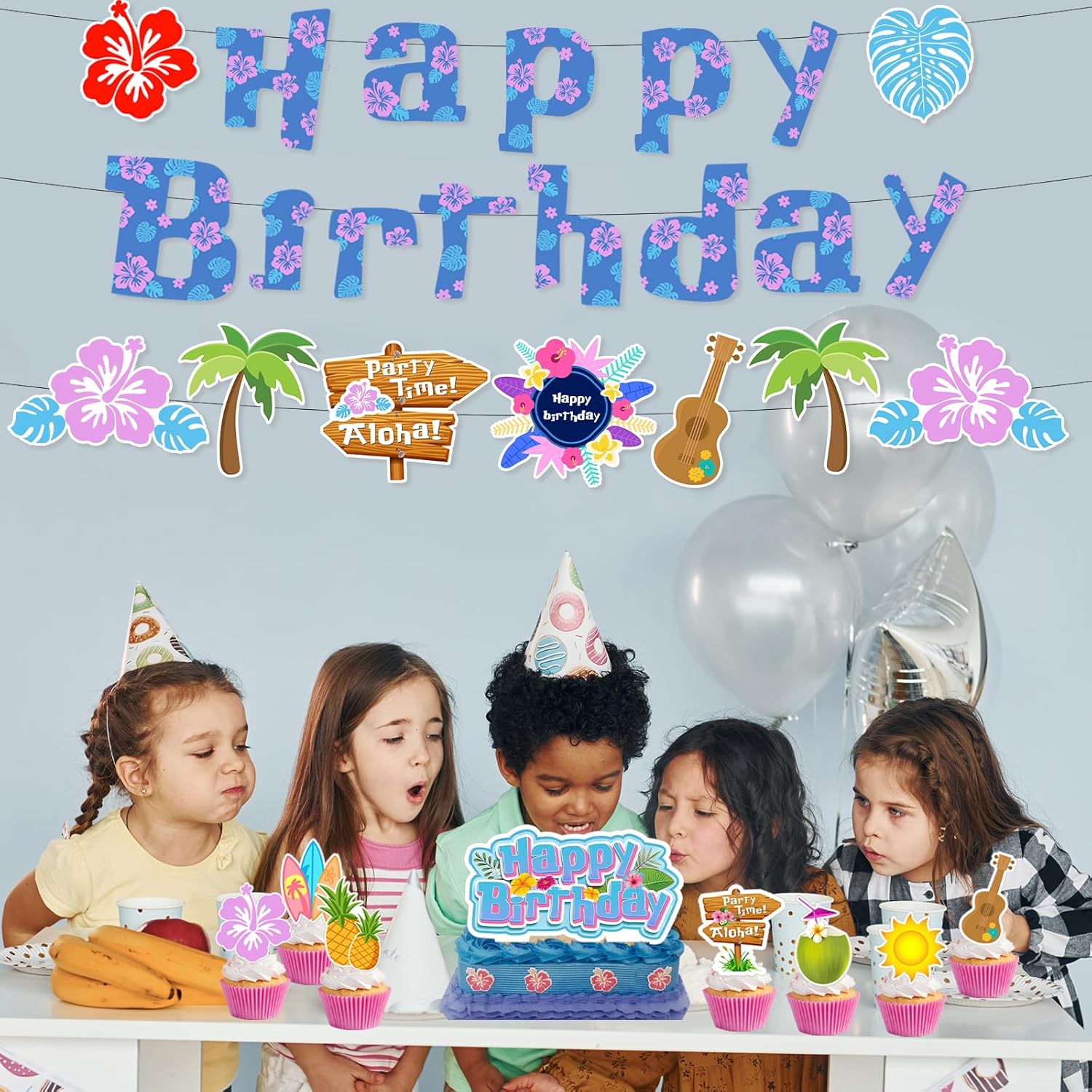 Hawaii Party Decor Kit with Birthday Banners and Cupcake Toppers